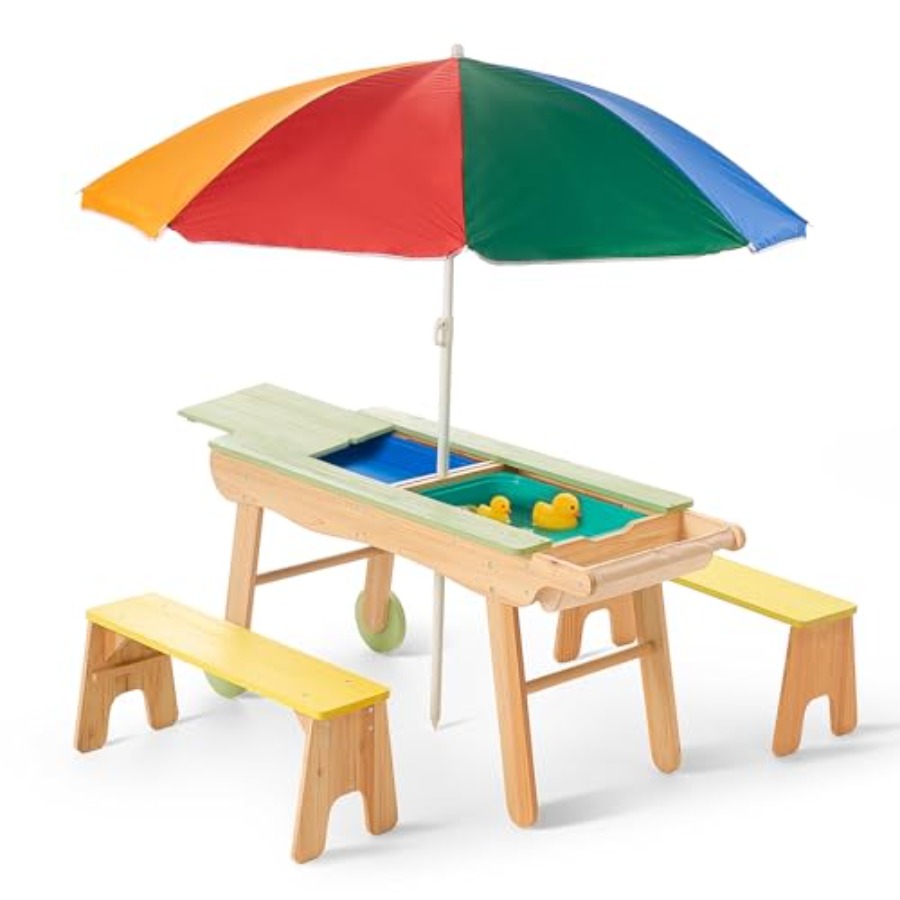 Kids Outdoor Table With Umbrella - Indoor outdoor 3-in-1 kids picnic table