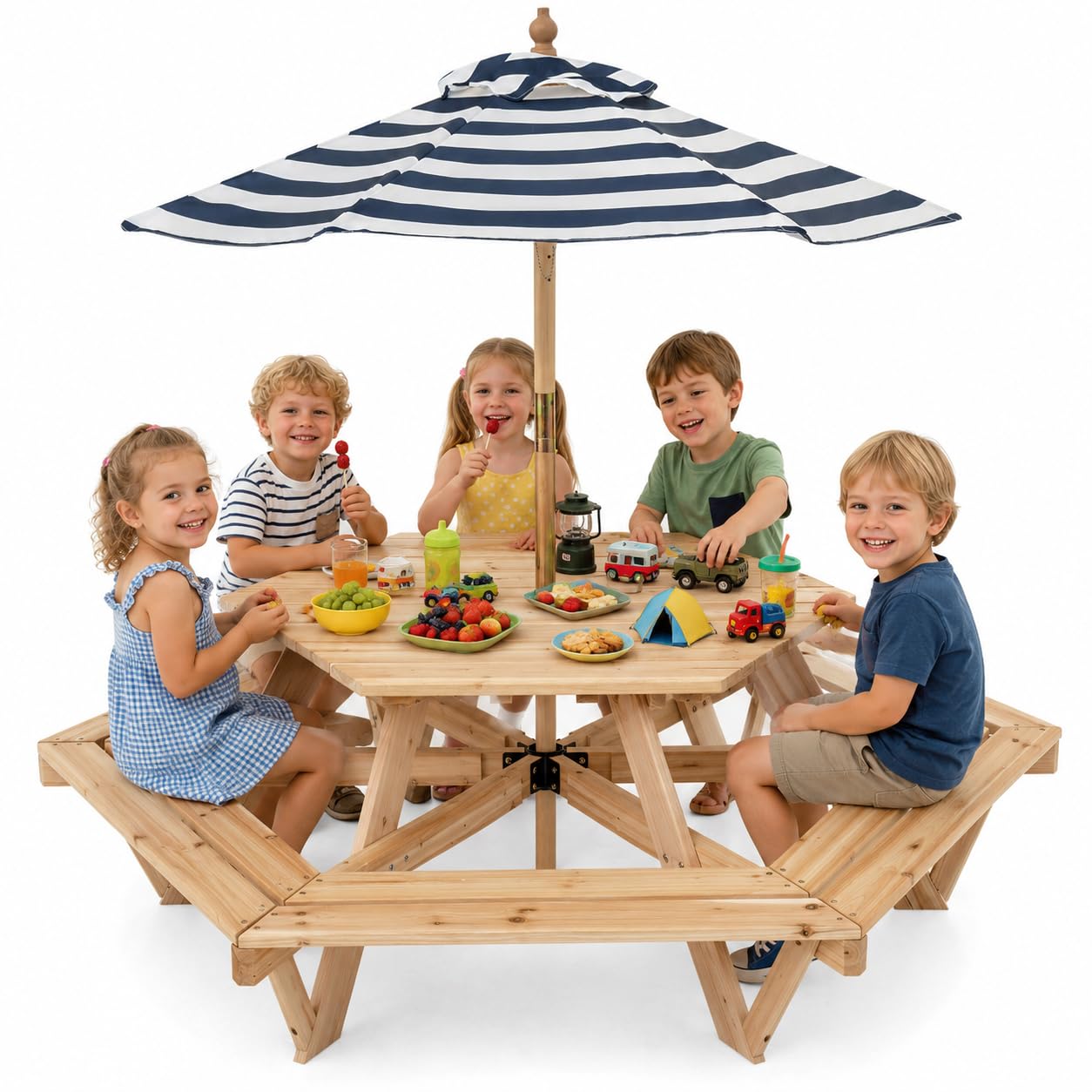 Kids Outdoor Bench With Umbrella - Kids Picnic Table, Hexagonal Toddler Outdoor