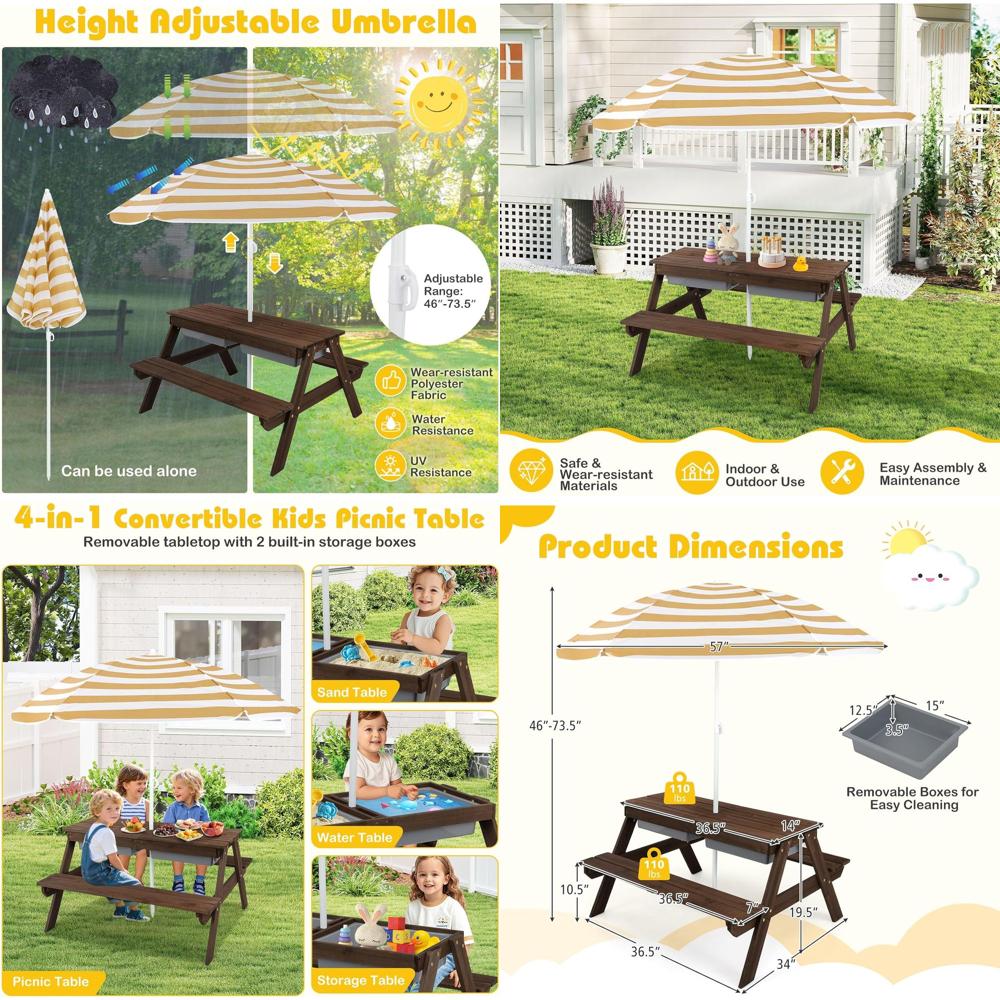 Kids Outdoor Table With Umbrella - Kids Picnic Table with Sensory Bins,
