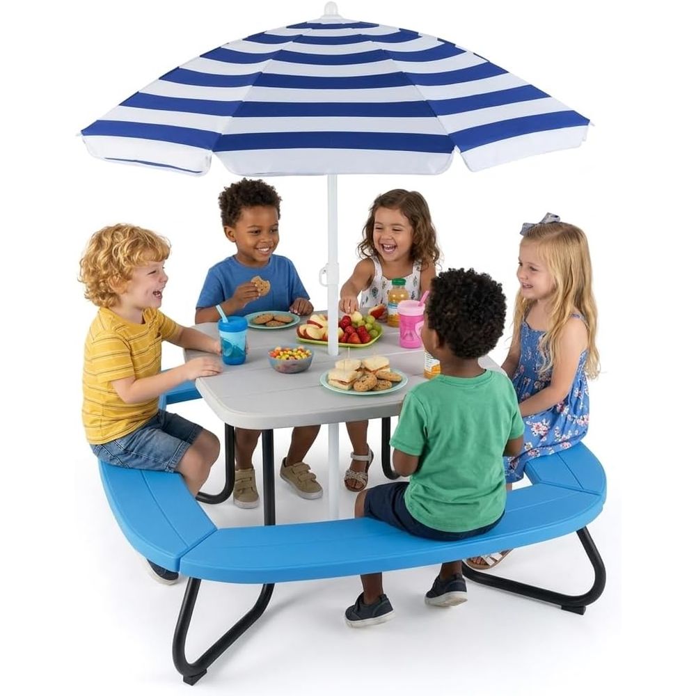 Kids Outdoor Bench With Umbrella - Kids Picnic Table, 8 Person Kids