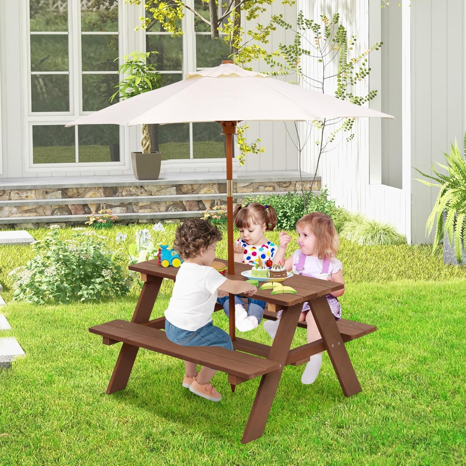 Kids Outdoor Bench With Umbrella - Kids Picnic Table, Outdoor Wooden Bench