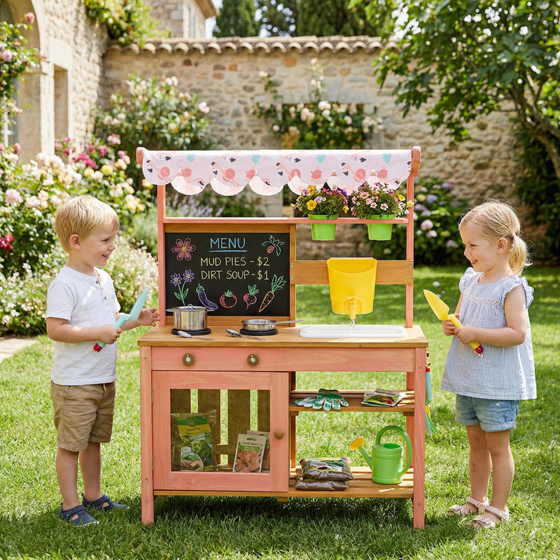 Qaba Kids Mud Kitchen with Can - Kids Outdoor Mud Kitchen Accessories recension och pris