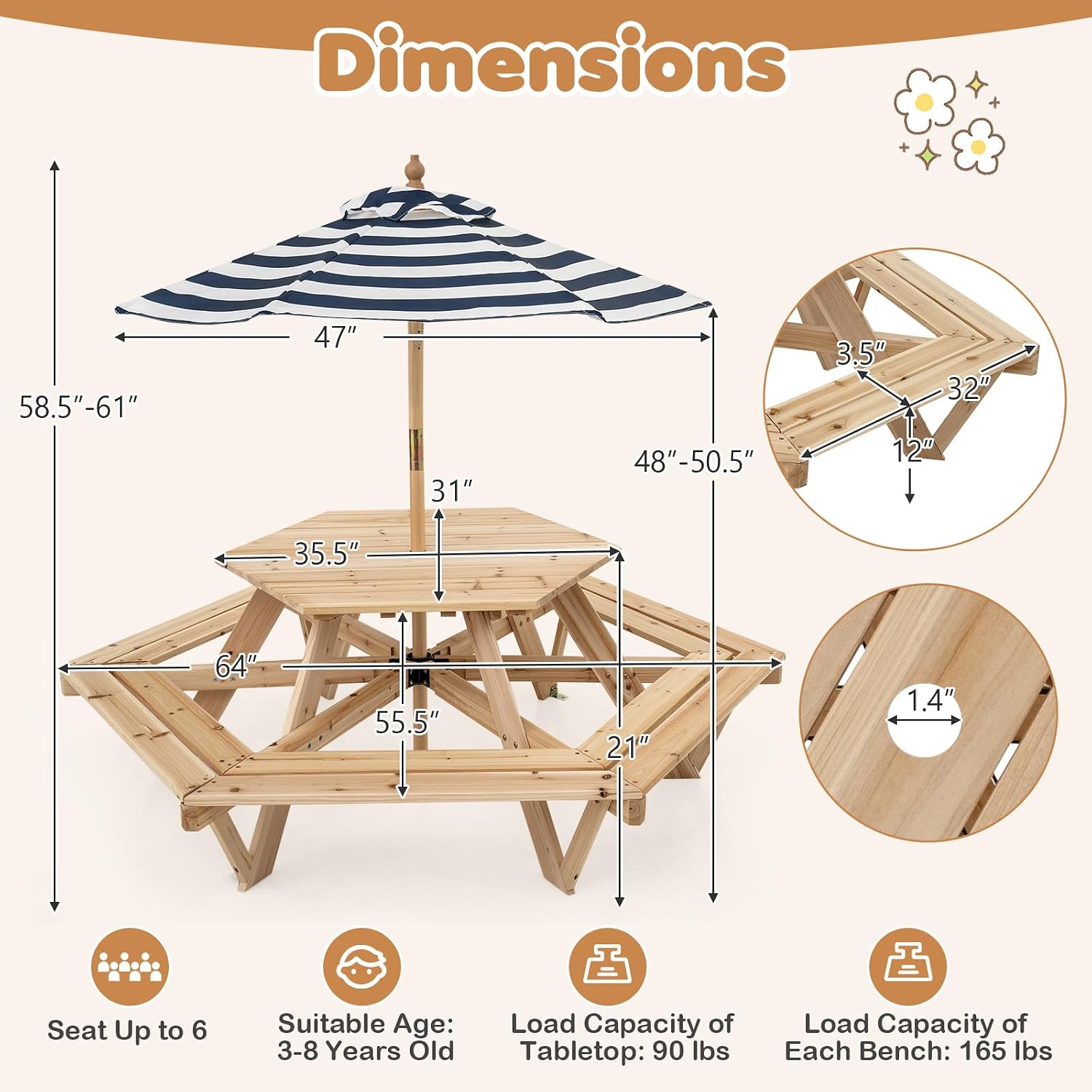 Kids Picnic Table, Hexagonal T - Kids Outdoor Bench With Umbrella recension och pris