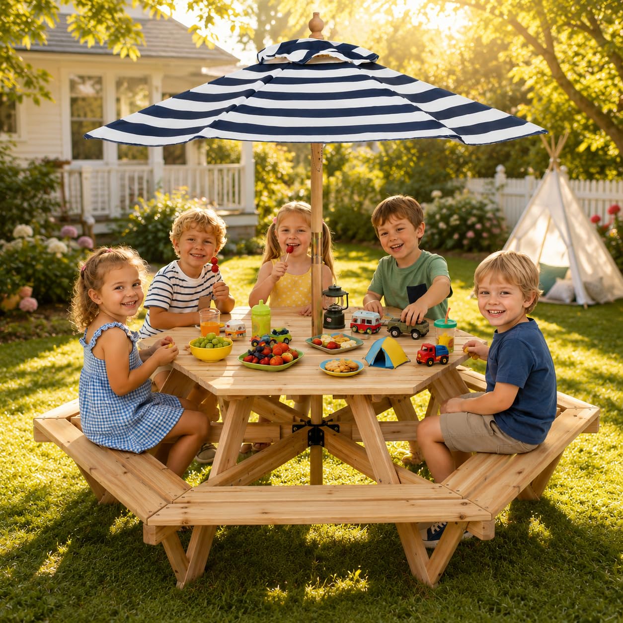 Kids Picnic Table, Hexagonal T - Kids Outdoor Bench With Umbrella recension och pris