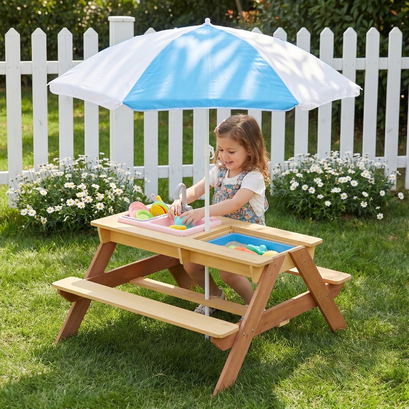 Wooden Kids Picnic Table, Sand - Kids Outdoor Table With Umbrella recension och pris