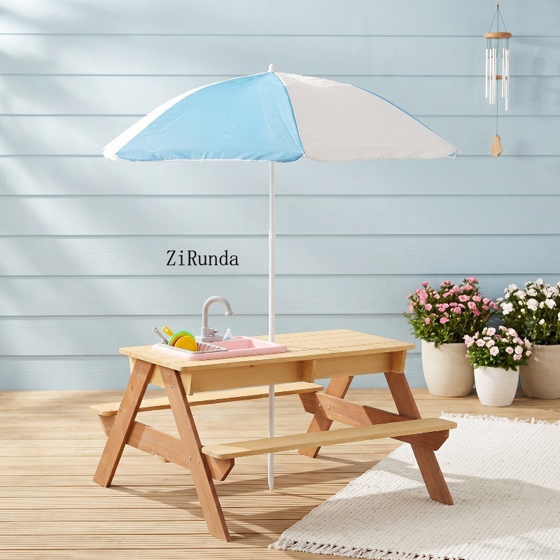 Wooden Kids Picnic Table, Sand - Kids Outdoor Table With Umbrella recension och pris