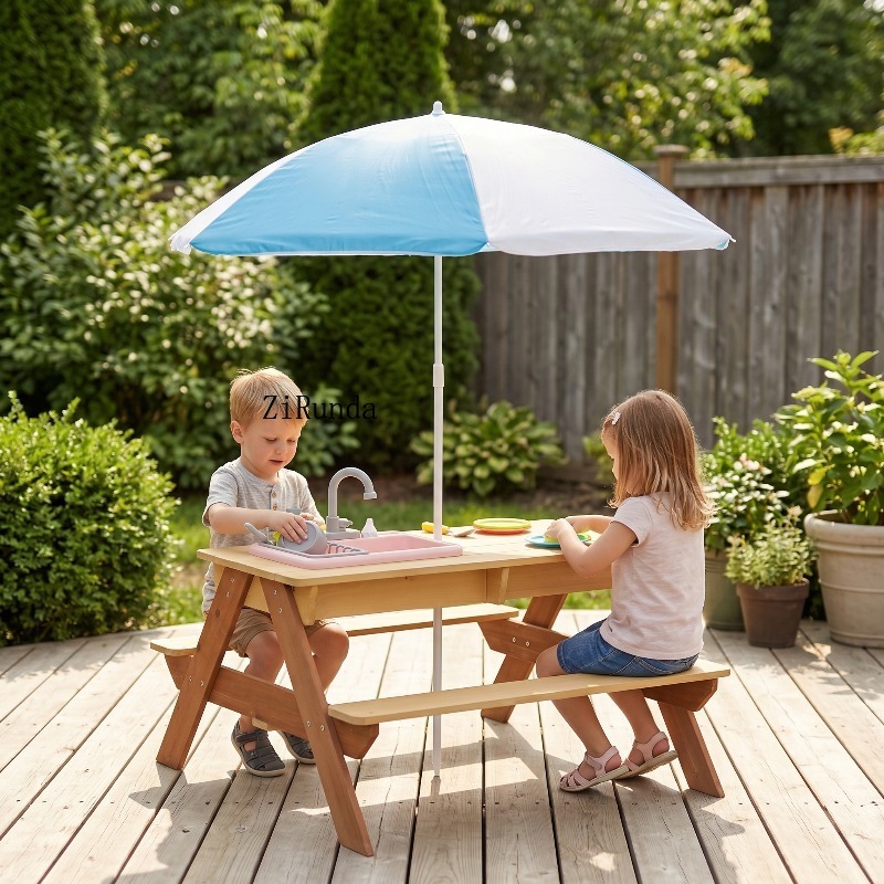 Wooden Kids Picnic Table, Sand - Kids Outdoor Table With Umbrella recension och pris