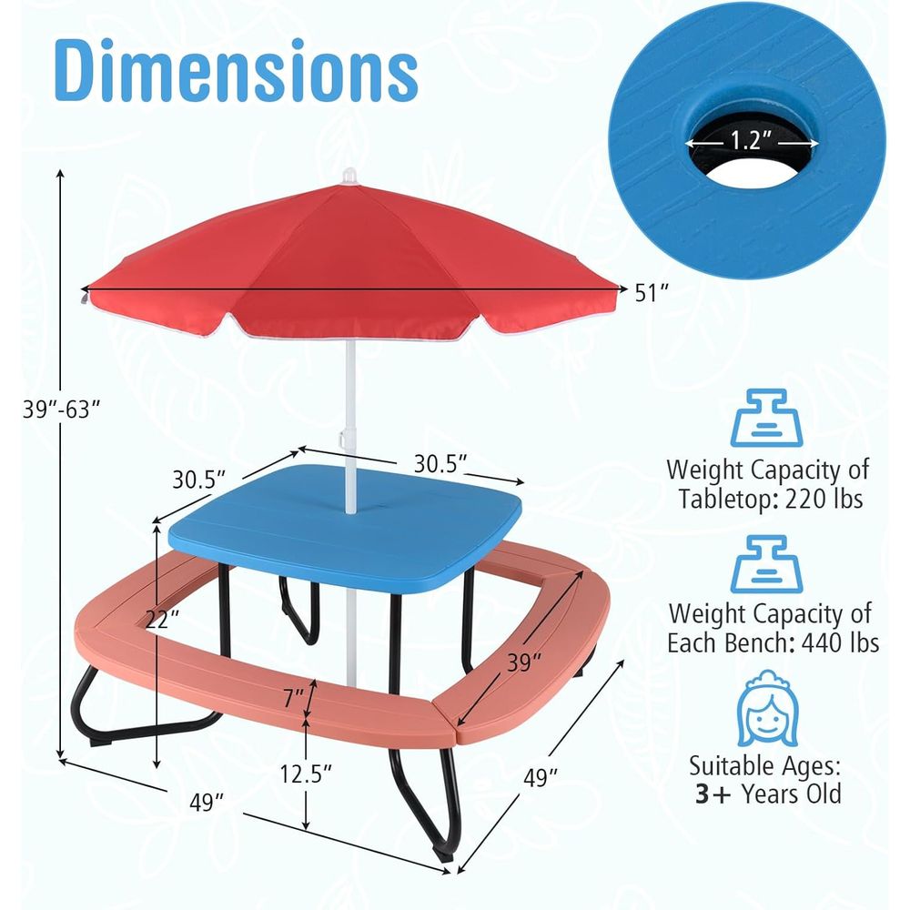 Kids Picnic Table, 8 Person To - Kids Outdoor Bench With Umbrella recension och pris
